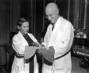 Adele Croninger and Evarts Graham examining lab mice