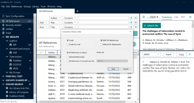 Screenshot of EndNote library